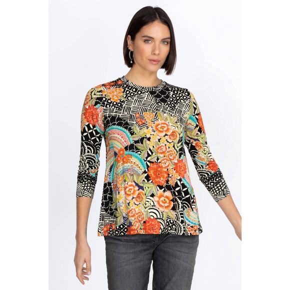 Johnny Was Janie Top Size S Black FLoral Favorite Long Sleeve Crew Swing Tee - Picture 3 of 13